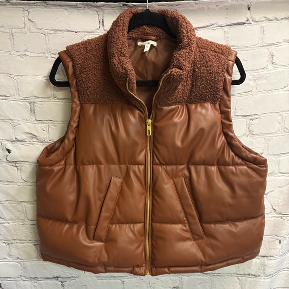 Maurice’s Faux Leather Full Zip Puffer Mixer Vest Brown Plus Size XL Gold Zipper - Picture 1 of 9
